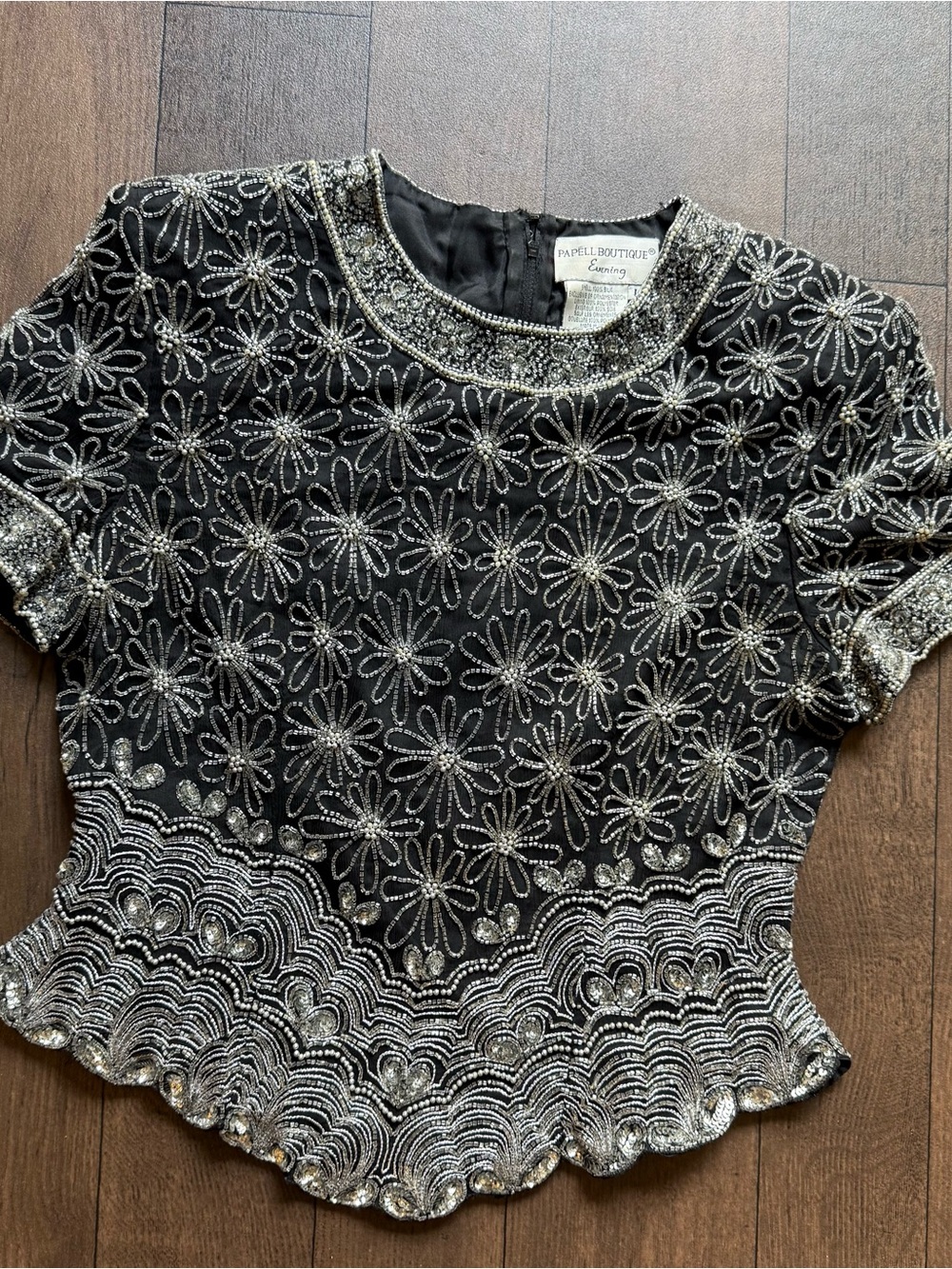 Papell Boutique Evening Silk Beaded Top Vintage Black Silver Floral Scalloped L